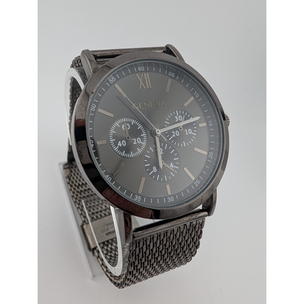 Geneva Watch Men 42mm Case Gunmetal Tone Mesh Metal Band w/ Box- New Battery